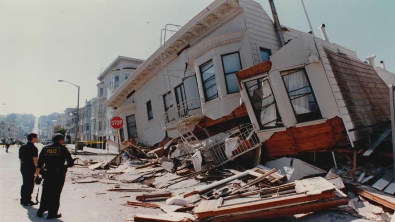 Photo from ABC 7 News. Photo of building collapsing due to damage from Loma Prieta earthquake.