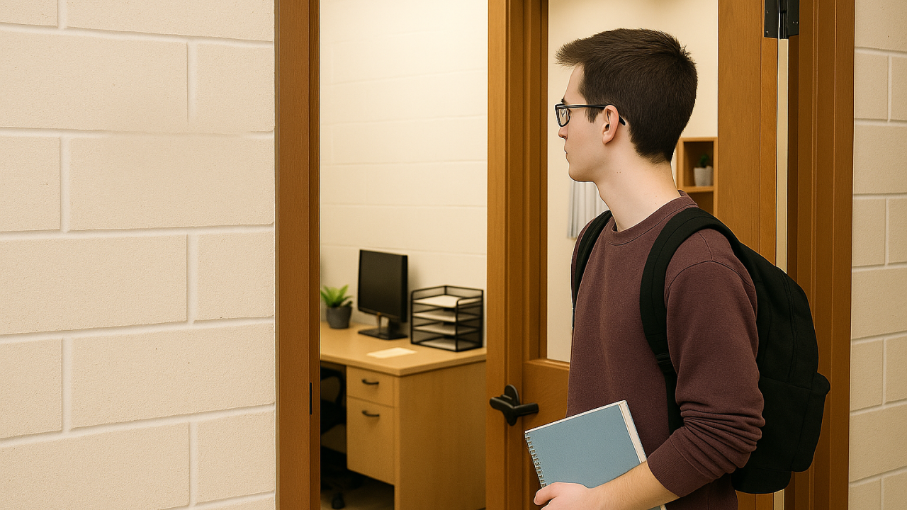 a male student wearing a backpack passes by an open office door