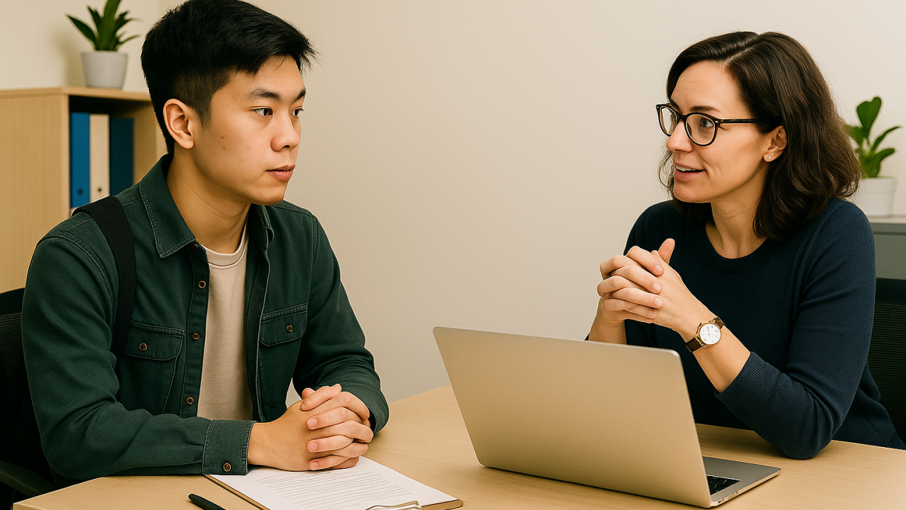 a male student sits with hands folded at a desk next to a female advisor wearing glasses