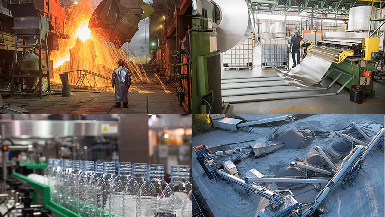 Collage of steel, aluminum plastic and cement manufacturing