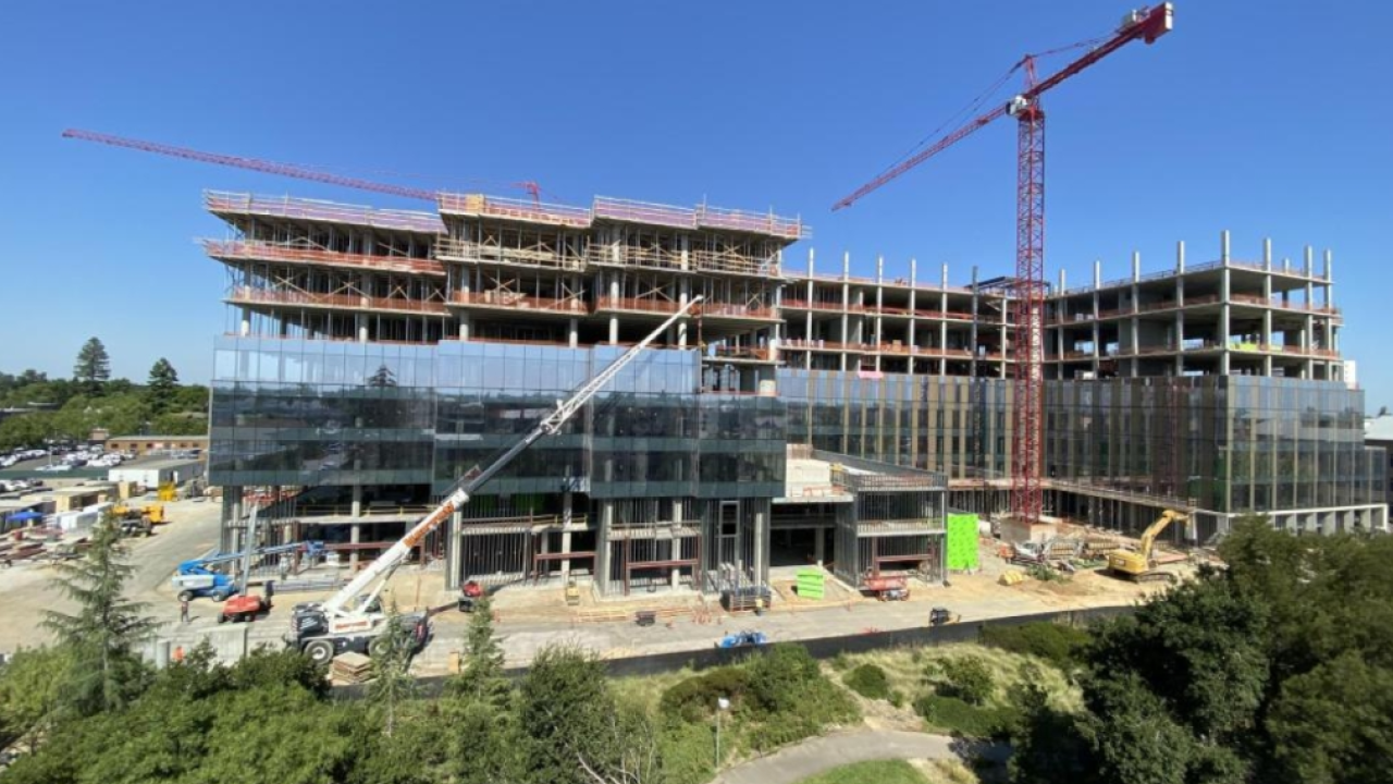 Building materials such as concrete have the potential to store billions of tons of carbon dioxide away from the atmosphere, according to a new study from UC Davis. Image shows UC Davis Aggie Square under construction at the Sacramento campus in June 2023. (Photo by Kevin Seitz for the Aggie Square photo contest.)