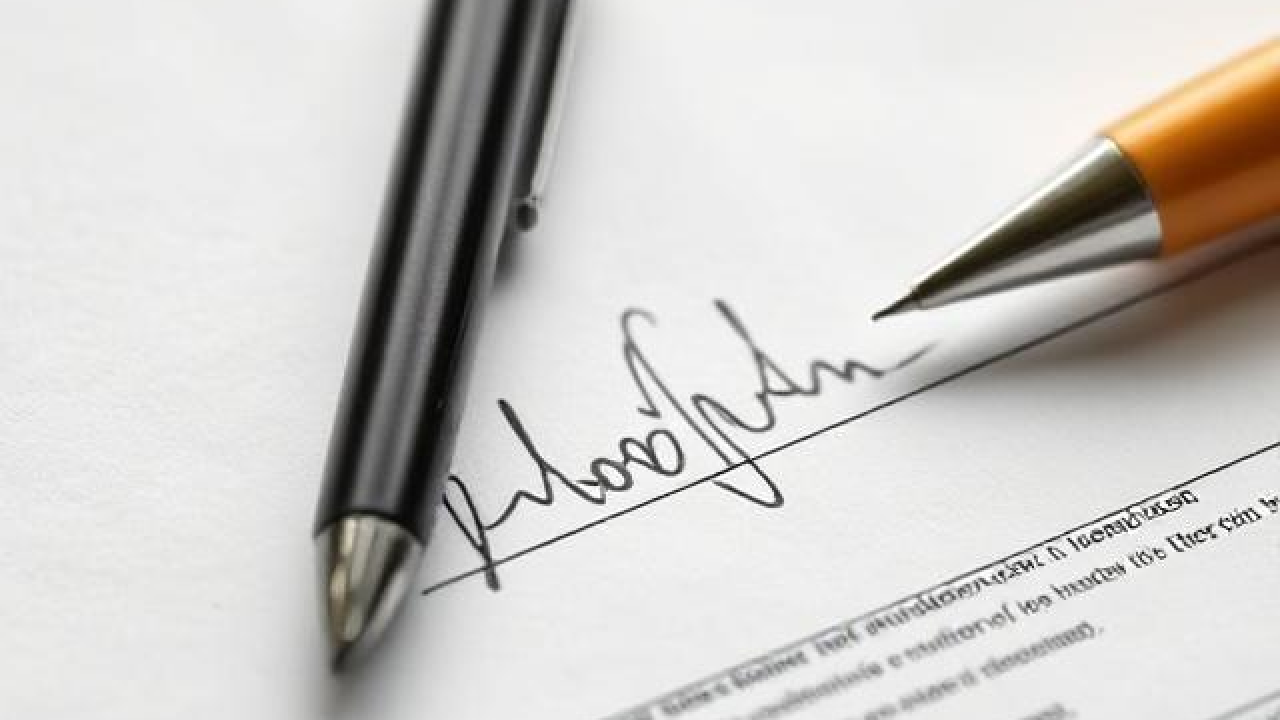 close up of a paper form with a signature, two pens on lying on top. 