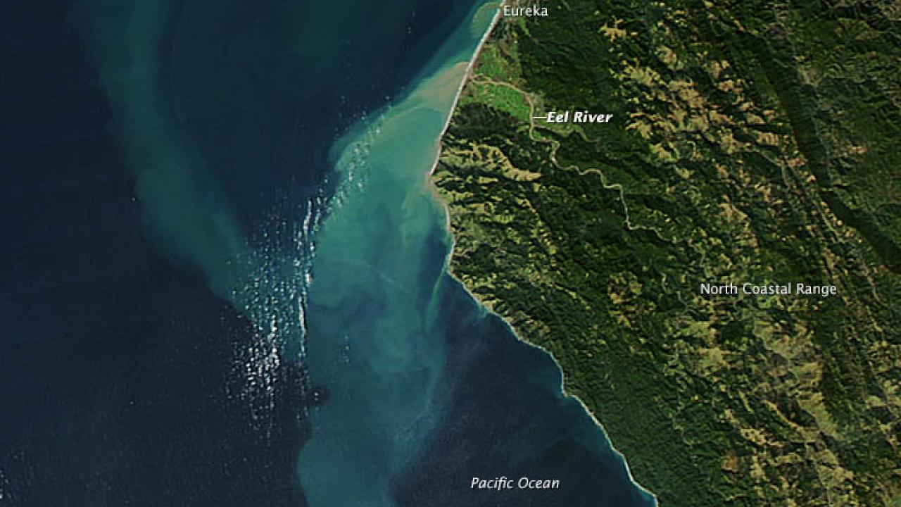 Satellite image of sediment outflow in the Pacific Ocean coming from the Eel River