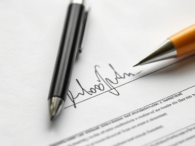close up of a paper form with a signature, two pens on lying on top. 