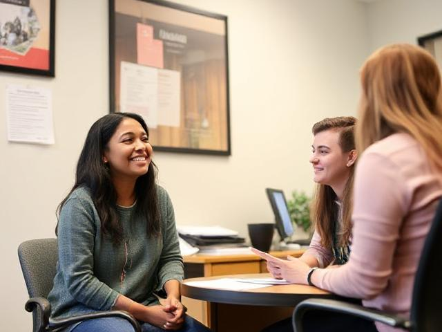 female student sitting in chair meeting with two others across the table. 