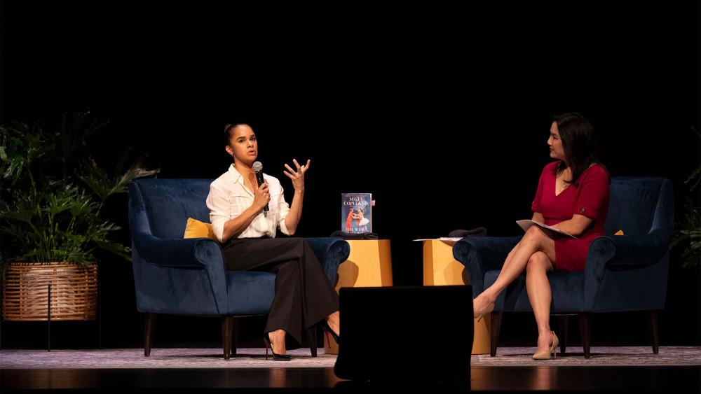 Misty Copeland, the first Black woman principal dancer for the American Ballet Theatre, speaks on stage with Pamela Wu, director of news and media relations for UC Davis Health. (José Luis Villegas/UC Davis)