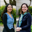 two photos of women in civil and environmental engineering on blue background